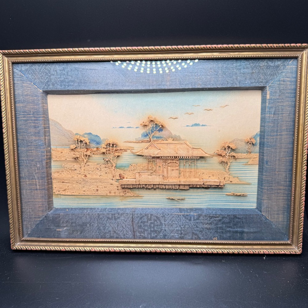 Vintage Chinese Cork Carving Diorama Pagoda 3D Shadow Box Art Blue Gold Frame